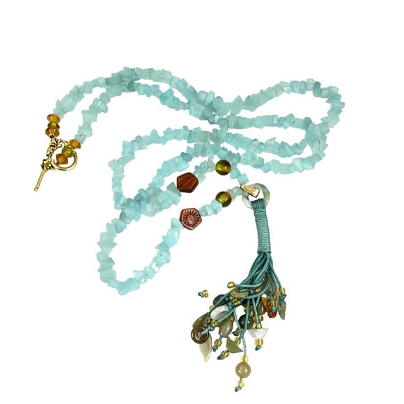 Handcrafted Blue Aquamarine Chip Bead Jade Nephrite Necklace With Tassel Multi-S - Picture 2 of 11
